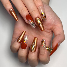 Fall Brown Maple Leaf Press On Nails Long Coffin Acrylic False Nails with Glue Thanksgiving Glossy Design
