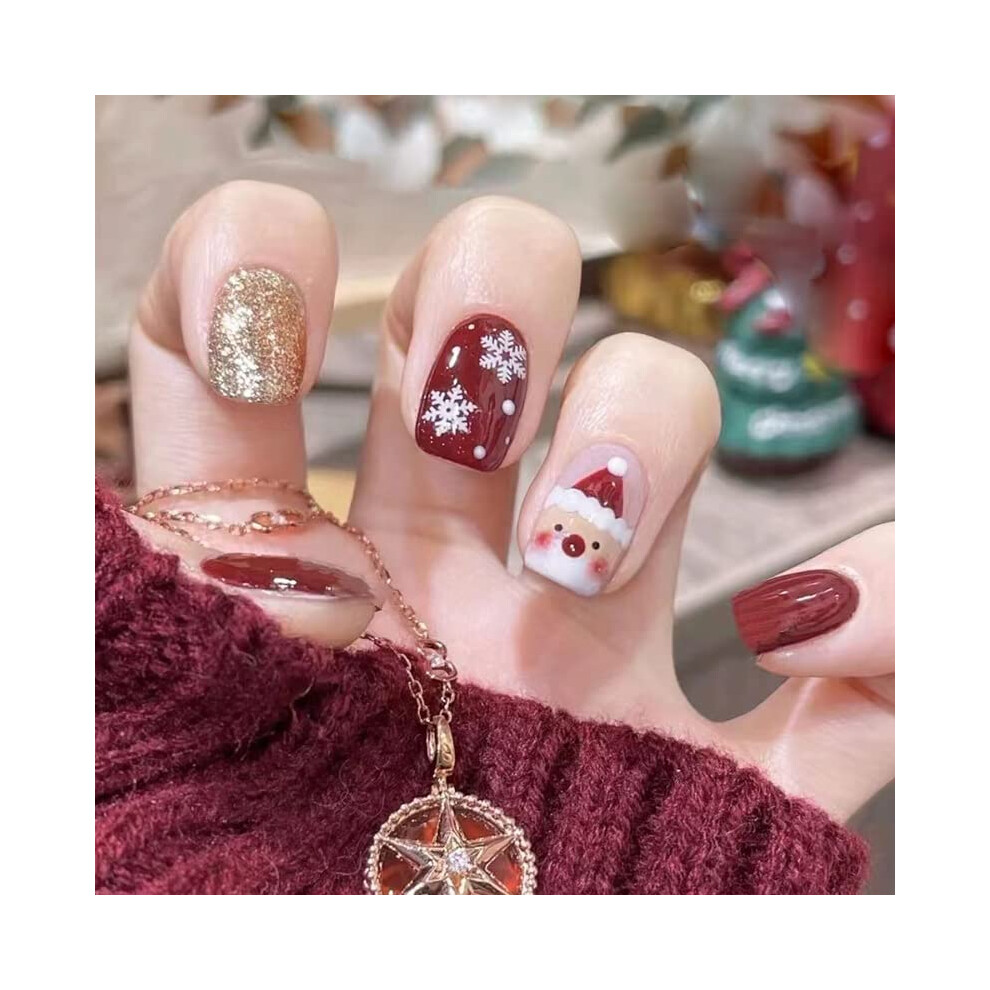 24 Pcs Christmas Press On Nails with Santa Claus and Snowflake Design, Glitter Acrylic Fake Nails Set for Women