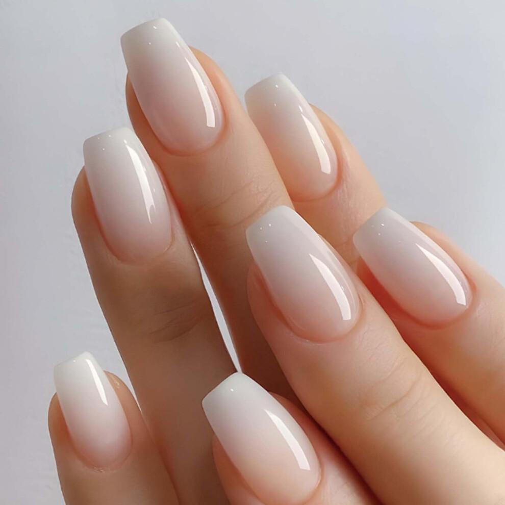 Cream Short Coffin Press On Nails Set Nude Gradient Full Cover Fake Nails Salonquality Quick Manicure 24Pcs