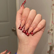 Long French Square Press On Nails Nude Acrylic False Nails with Red Heart Accent, 24PCS Glossy Full Cover