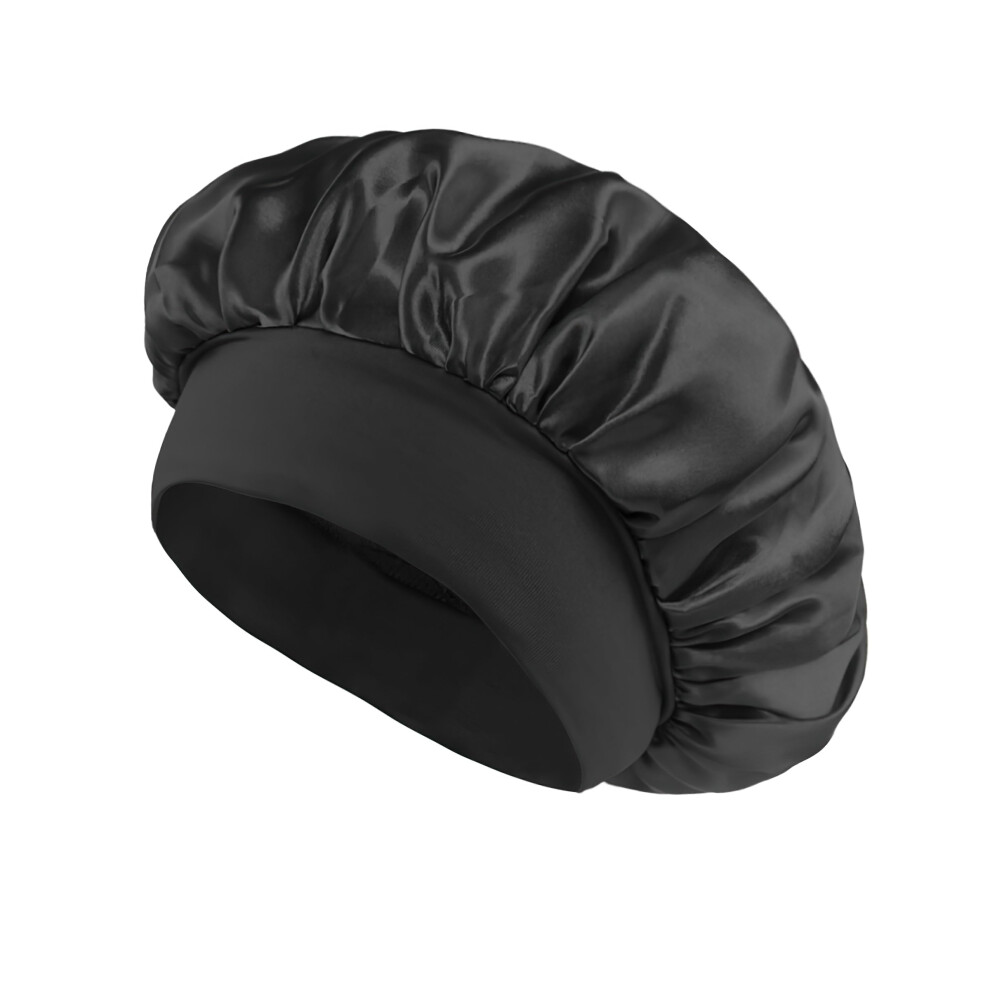 Oversized Waterproof Satin Shower Cap with Adjustable Silk Hair Bonnet for Curly Long Hair Black