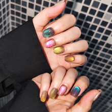 Extra Short Ballerina Press On Nails Set Cat Eye Nude Acrylic False Nails with Glitter for Women