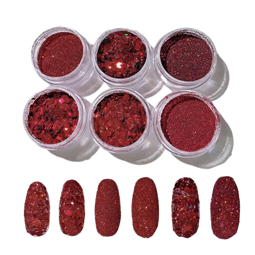 Red Nail Glitter And Powder Set With Mirror Effect, Holographic Shine, 6 Jars Valentine's Nail Art