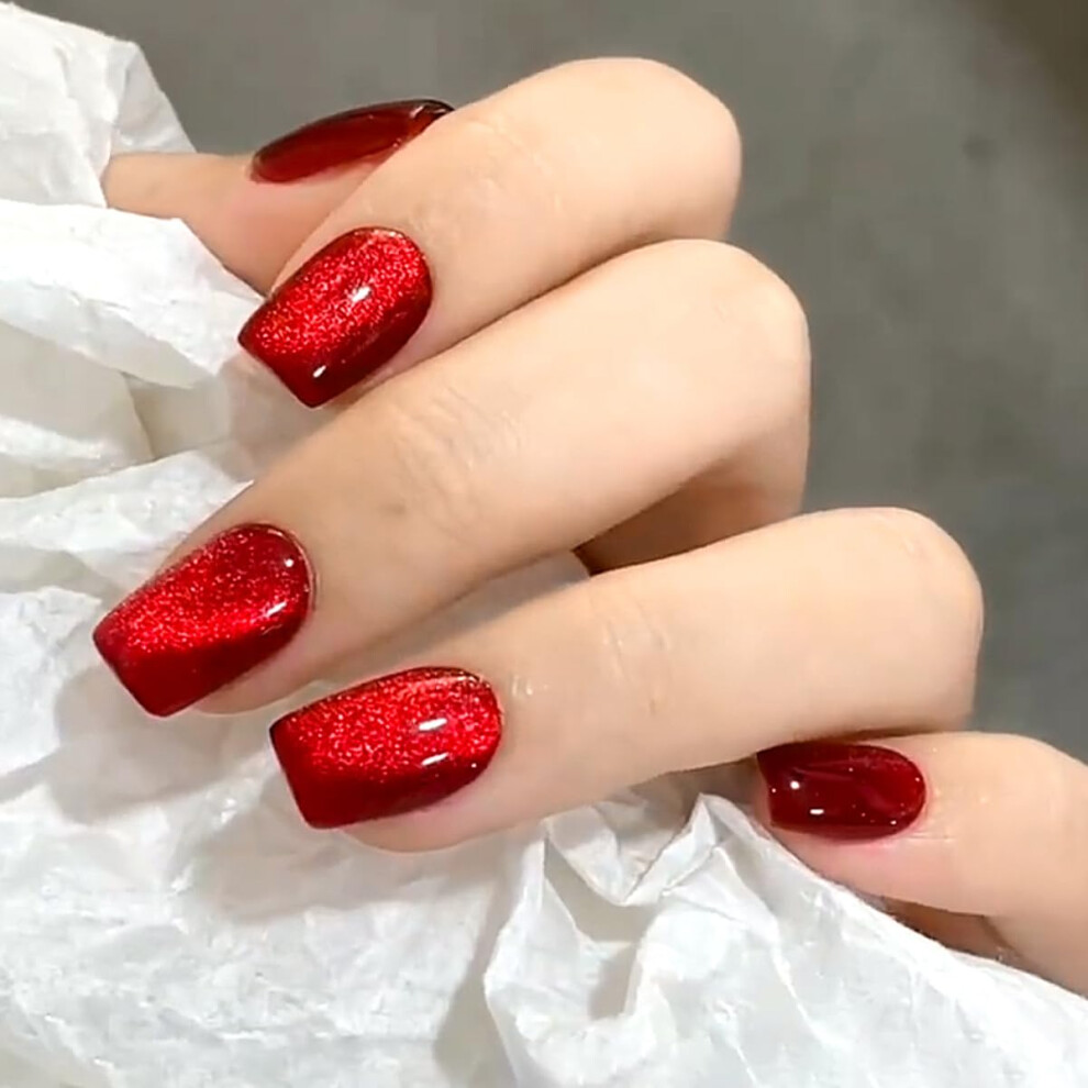 Red Glitter Coffin Press On Nails 24Pcs Glossy Medium Square Fake Nails For Women Reusable Easy Application