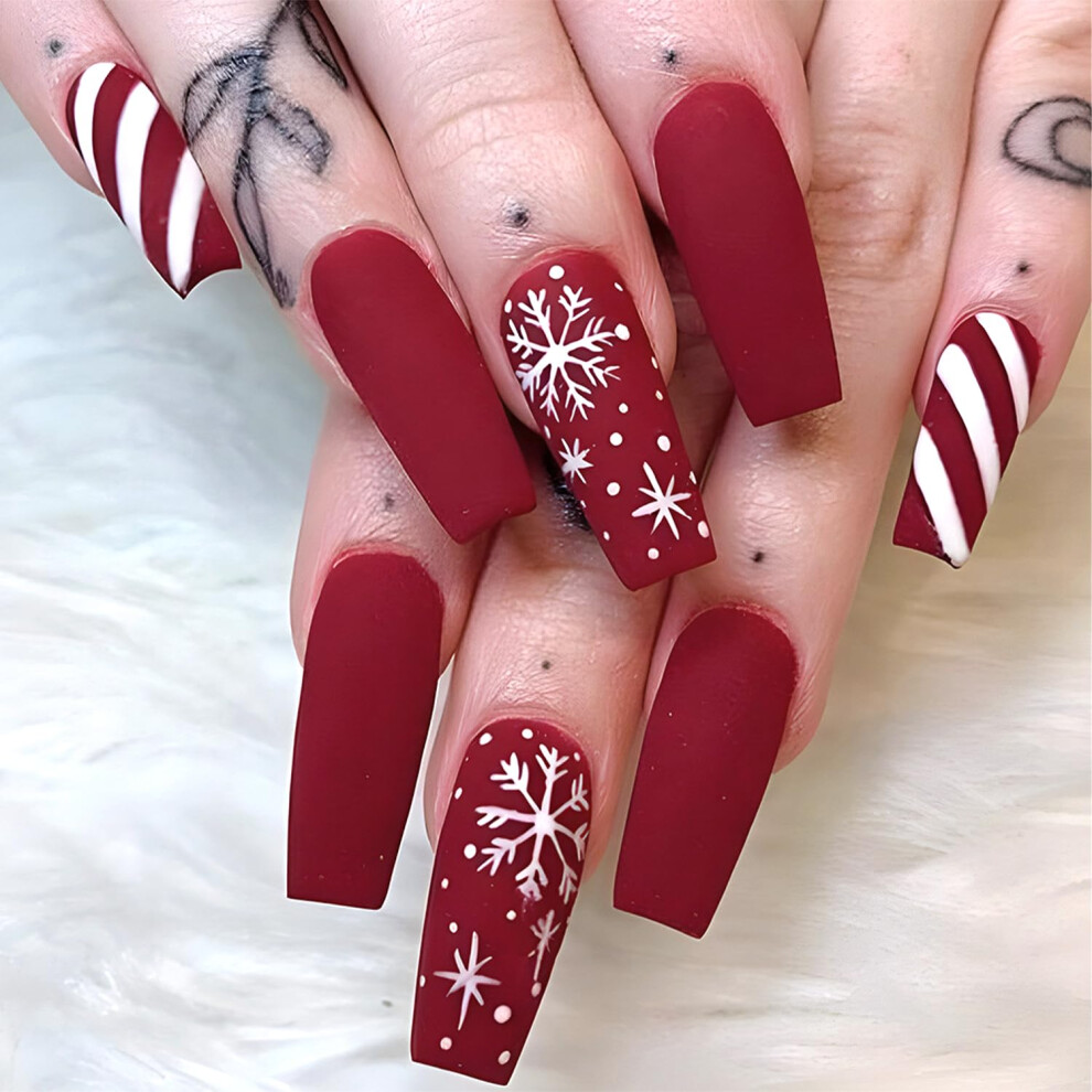 White,Red Christmas Press On Nails Red And White Snowflake Coffin Fake Nails Set Reusable Holiday Style 24Pcs
