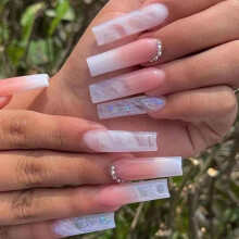 Long Square Press on Nails Pink White Ombre with 3D Rhinestones, Instant Salon Finish, 24 pcs