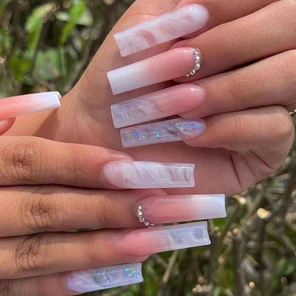 Pink,White Long Square Press On Nails Pink White Ombre With 3D Rhinestones, Instant Salon Finish, 24 Pcs