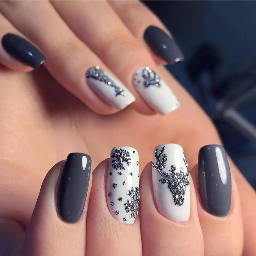 Grey Christmas Press On Nails Glitter Snowflake Fake Nails For Women Reusable Holiday Set 24Pcs