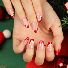 Christmas French Tips Press On Nails Short Coffin 24pcs Reusable SalonQuality Fake Nails for Women