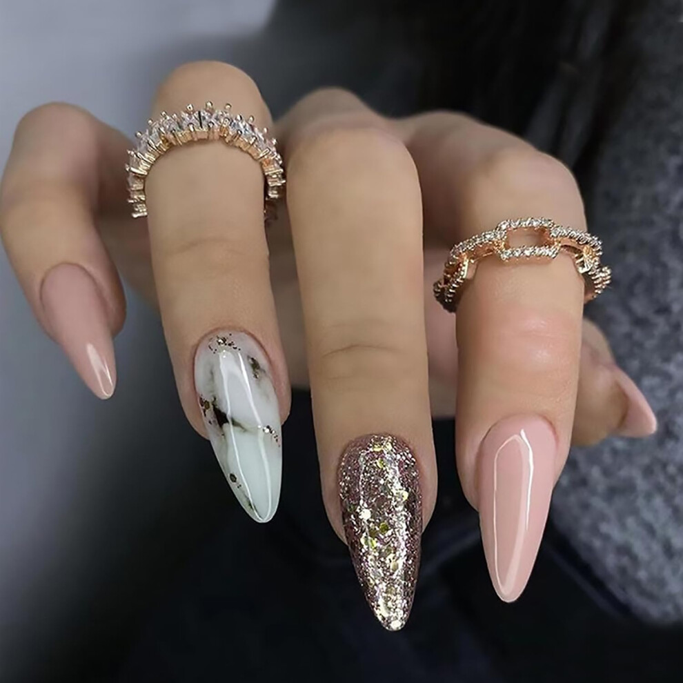 Brown Almond Press On Nails Medium Marble Glitter Acrylic Fake Nails Salon Quality Full Cover 24Pcs