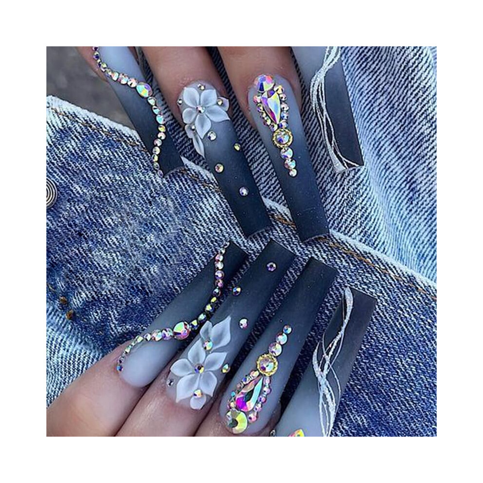 Blue Coffin Dark Gradient Press On Nails With Camellia Flower Design, Reusable Acrylic Fake Nails For Women