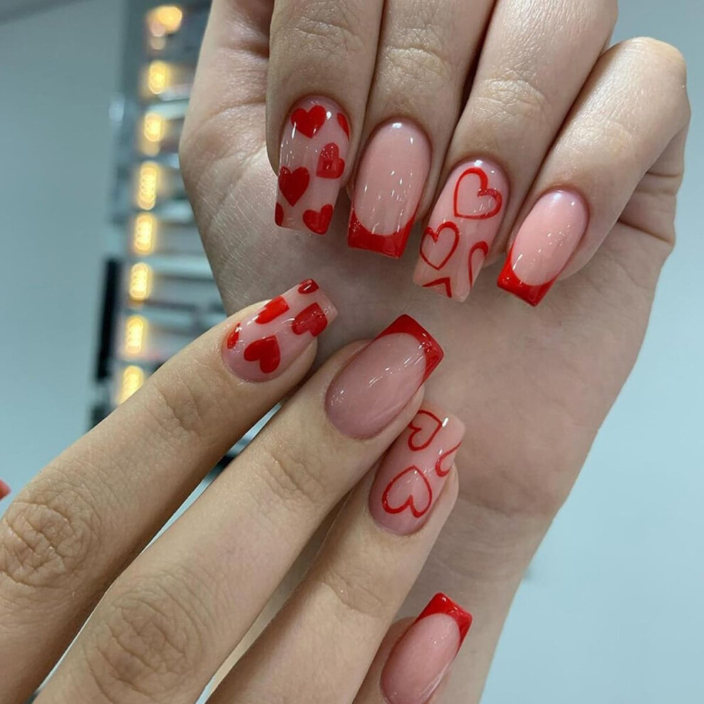 Red Heart Press On Nails Almond Shape Fake Nails Romantic Heart Design Glossy Full Coverage 24Pcs
