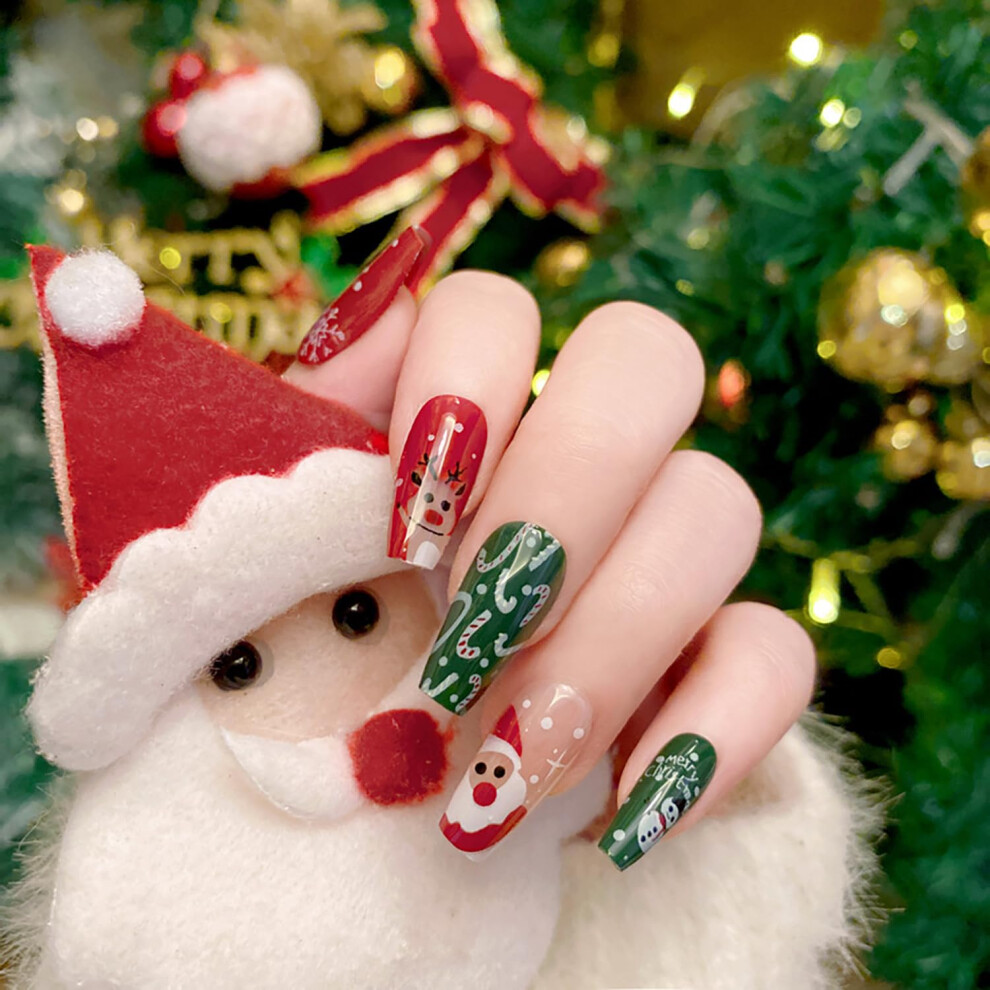 Christmas Press on Nails Long Coffin 24Pcs Reusable Acrylic Fake Nails with Adhesive Tabs and Elk Snowman Design