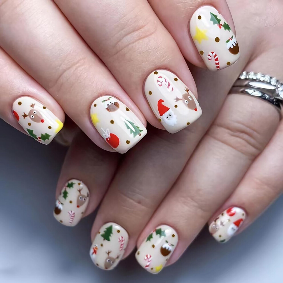 Christmas Press On Nails Short Square Holiday Fake Nails with Santa Claus and Candy Cane Design 24pcs
