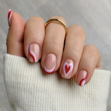 Short Square Press On Nails Gradient Pink Red French Tips Heart Design Glue On False Nails for Valentine's Day