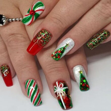 Christmas Press on Nails Set Medium Coffin Fake Nails with Red Green Silver Glitter and Rhinestones
