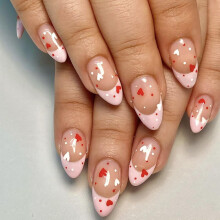 Valentine's Day Press On Nails Short Almond Pink French Tip Fake Nails with Romantic Heart Design 24pcs Set