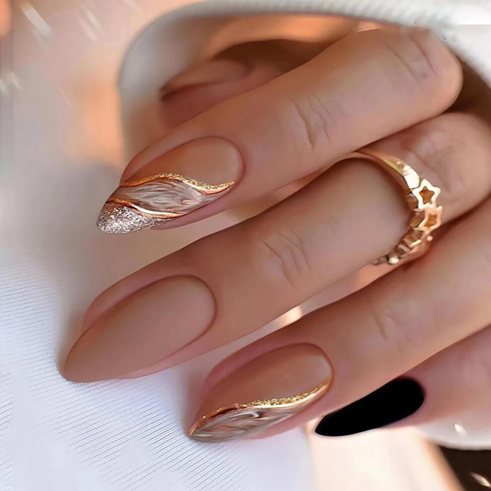 24 Pcs Winter Press On Nails Almond Shape with Gold Glitter Brown Design, Reusable SalonQuality False Nails for Women