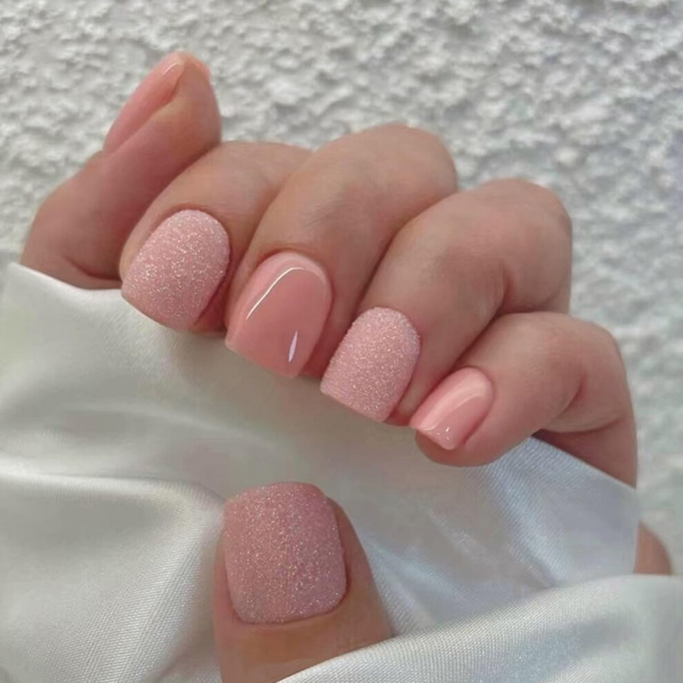 Short Square Pink Press On Nails Set, Glossy Nude Acrylic False Nails, Reusable 24pcs