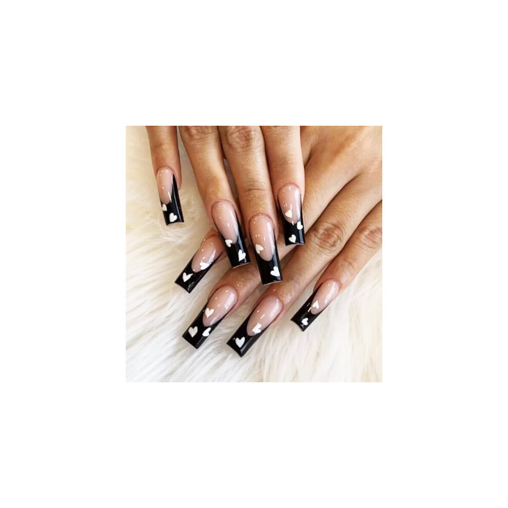 White,Black Valentine's Day Press On Nails Black And White Heart Design Long Glossy Coffin Fake Nails For Women