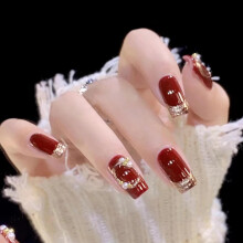 Gold French Press On Nails Set, 24pcs Medium Square Glitter Fake Nails with Rhinestone Design