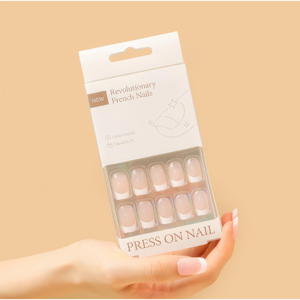 Short Square French Tip Press On Nails for Women, Glossy Acrylic Fake Nails with Reusable Nail Tips