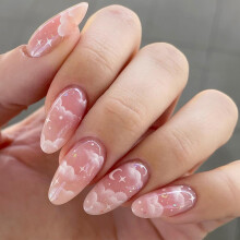 Pink Almond Press on Nails with Star Moon Clouds, Medium Fake Acrylic Nails for Women 24pcs