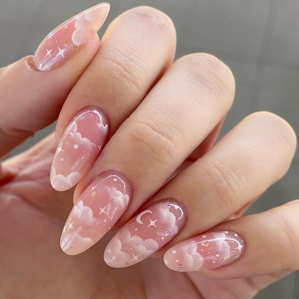 Pink Almond Press on Nails with Star Moon Clouds, Medium Fake Acrylic Nails for Women 24pcs