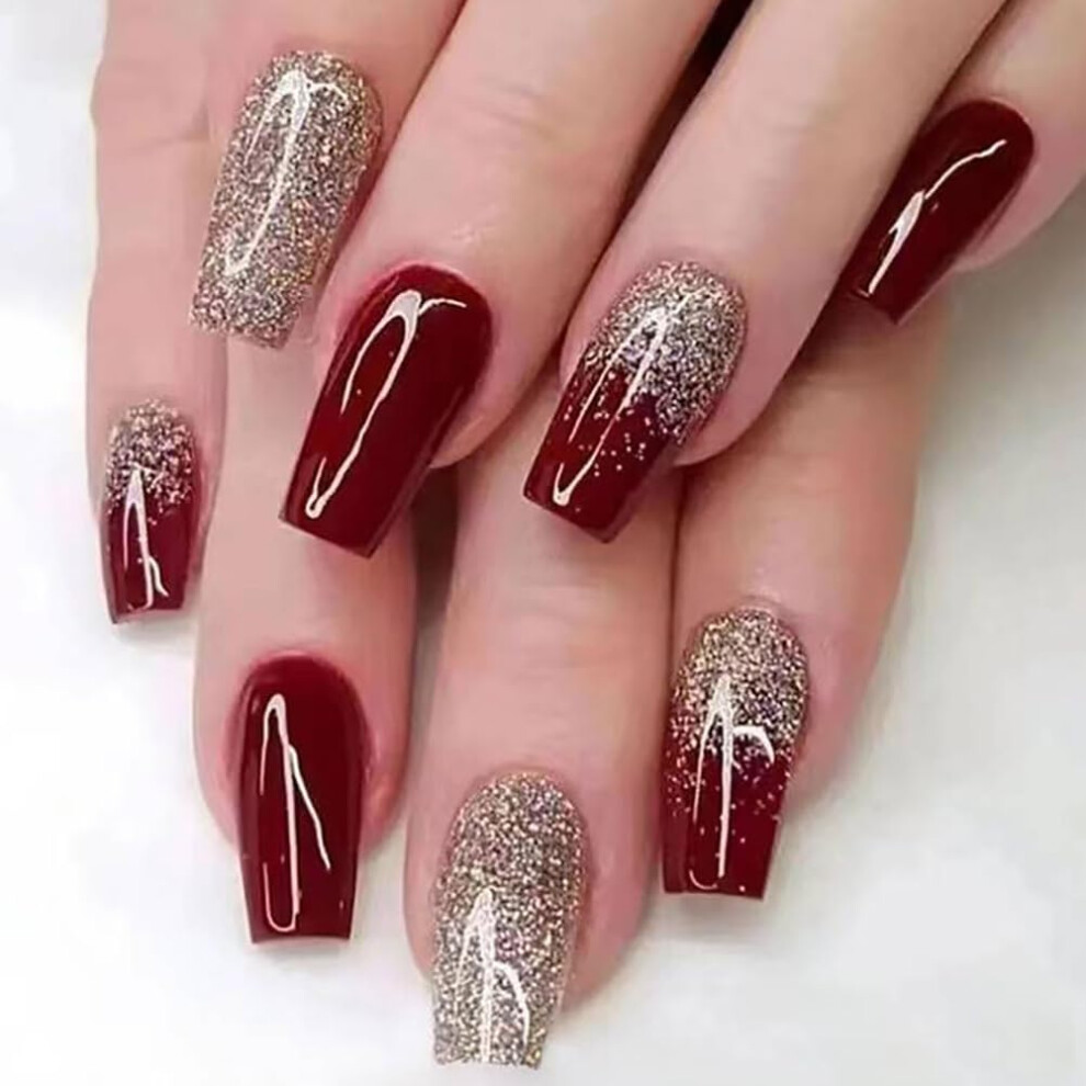 Red Glitter Press On Nails 24Pcs Medium Square Acrylic Fake Nails For Women Glossy Instant Salon Look