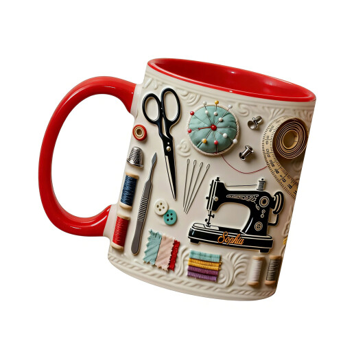 Artistic Sewing Inspired Ceramic Cup Ideal For Hot Drink-Red