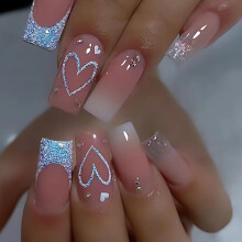 Valentine Press On Nails with Hearts, Glossy Pink Fake Nails with Rhinestones, Reusable 24Pcs Set