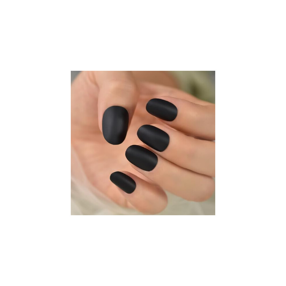 Black Matte Press On Nails Kit, Oval Fake Nail Tips With Adhesive, Reusable Salon Manicure