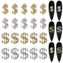 20pcs 3D Alloy Dollar Sign Nail Charms Gold and Silver Money Art with Crystal Rhinestones