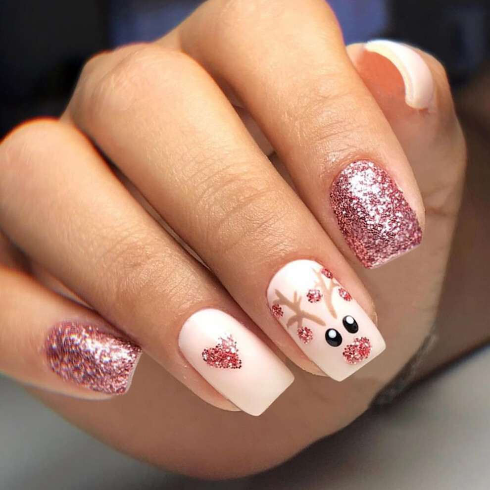 Christmas Press On Nails Set 24pcs Glossy Pink Glitter Elk Design Short Square Fake Nails for Women