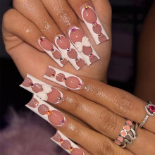 Long White French Tip Press On Nails with Charms, Durable Acrylic Squoval Fake Nails Set 24pcs