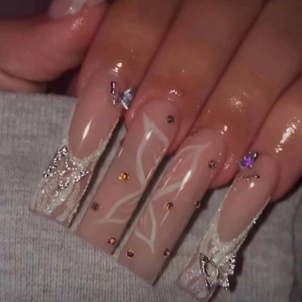 Long Square Press On Nails White Swirl French Tip with Butterfly Rhinestone, 24pcs Fake Nails