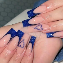 Glitter Blue French Tip Press On Nails Long Coffin Square Acrylic Reusable Set for Women 24Pcs