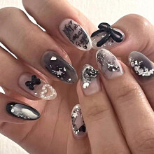 Black Ombre Press on Nails Medium Almond Shape Fake Nails Set with Glue Trendy Stiletto Bow Design 24pcs