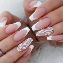 White French Tip Press On Nails Medium Long Coffin Style Reusable Acrylic Glue On Nails for Women
