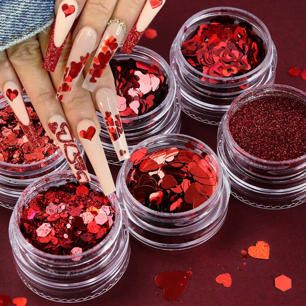 Red Valentine's Day Nail Glitter Set, Heart Holographic Sequins Flakes For Eyecatching Nail Art