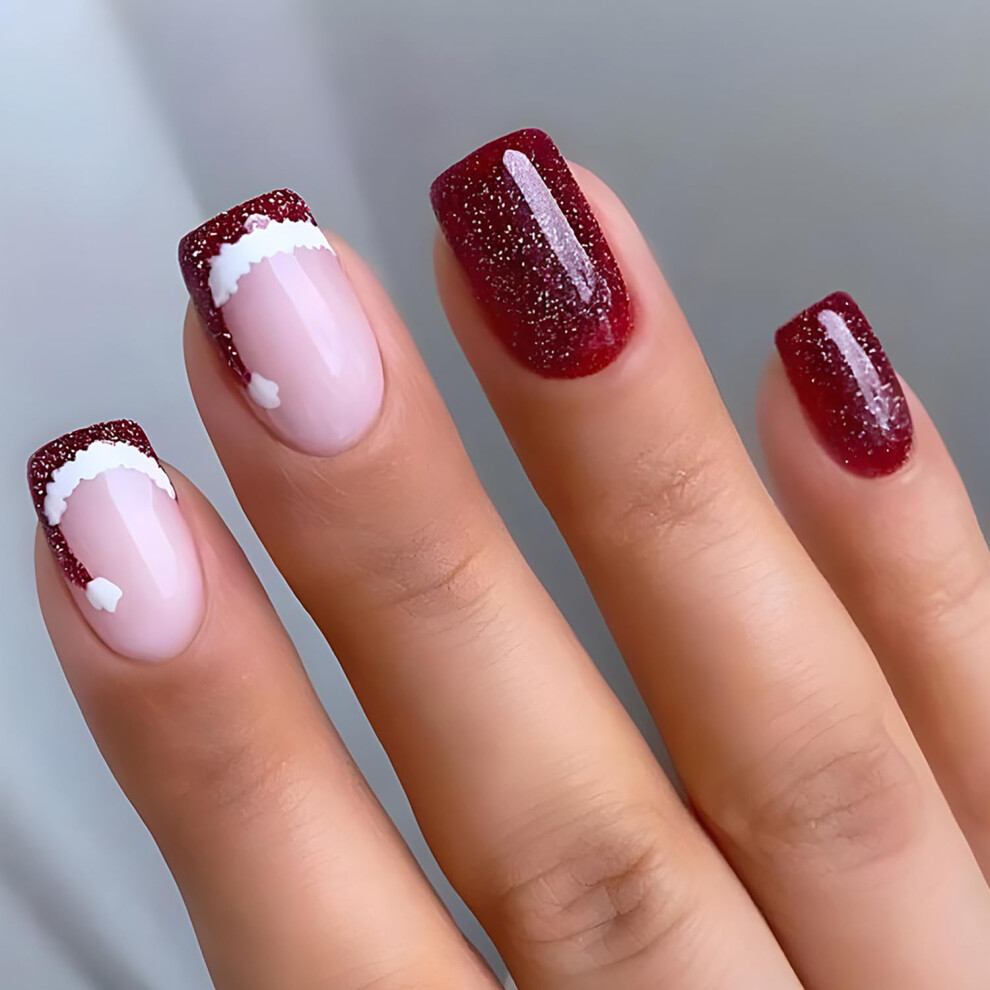Reusable Christmas Press On Nails Short Acrylic Fake Nails with Glue for Easy DIY Manicure