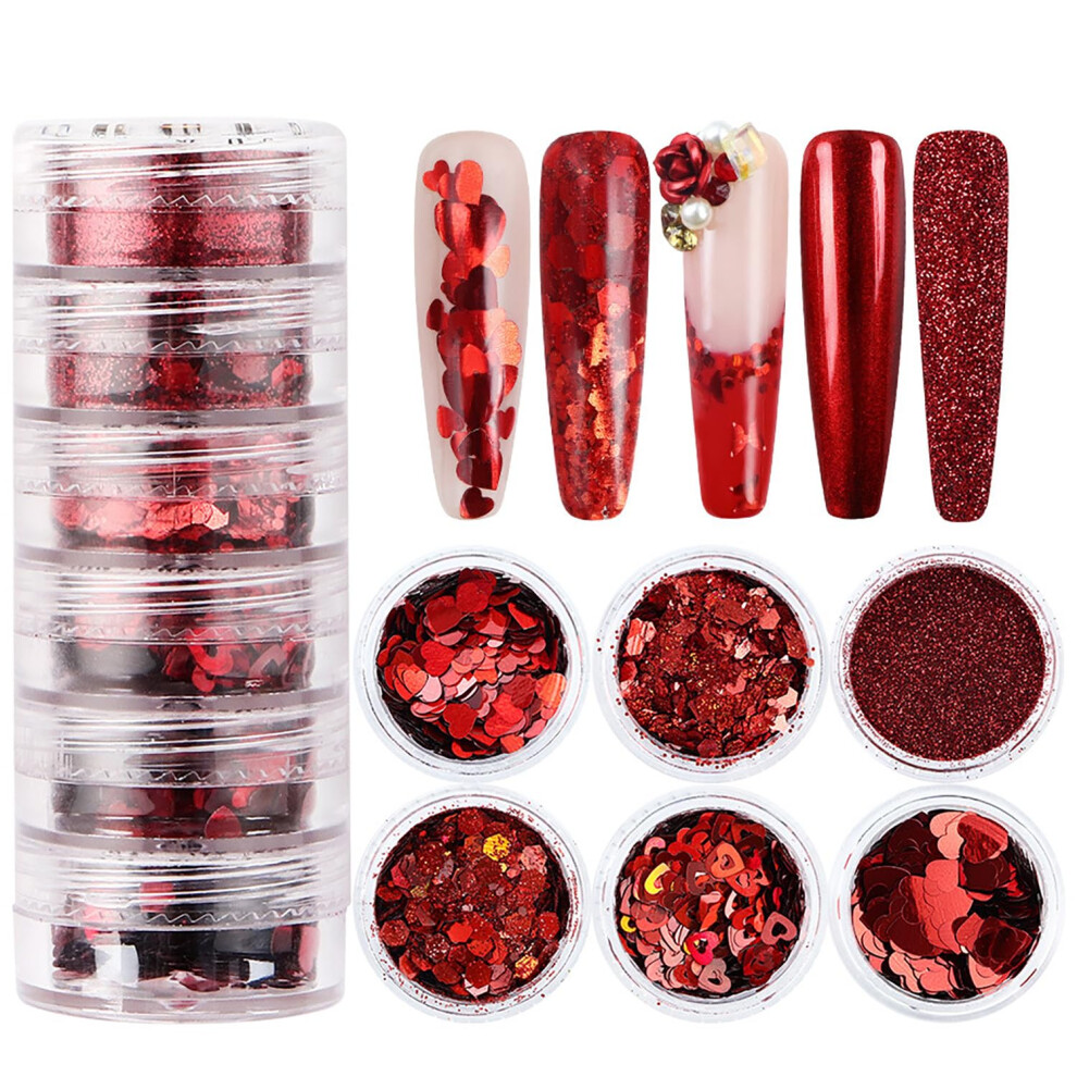 6 Boxes Valentine's Nail Glitter Set Holographic Heart Nail Art Sequins Red Romantic Sparkle Decorations
