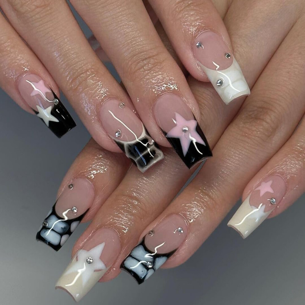 Pink,Cream Press On Nails Ballerina French Nude With Pink Rhinestone Stars Acrylic False Nails 24Pcs