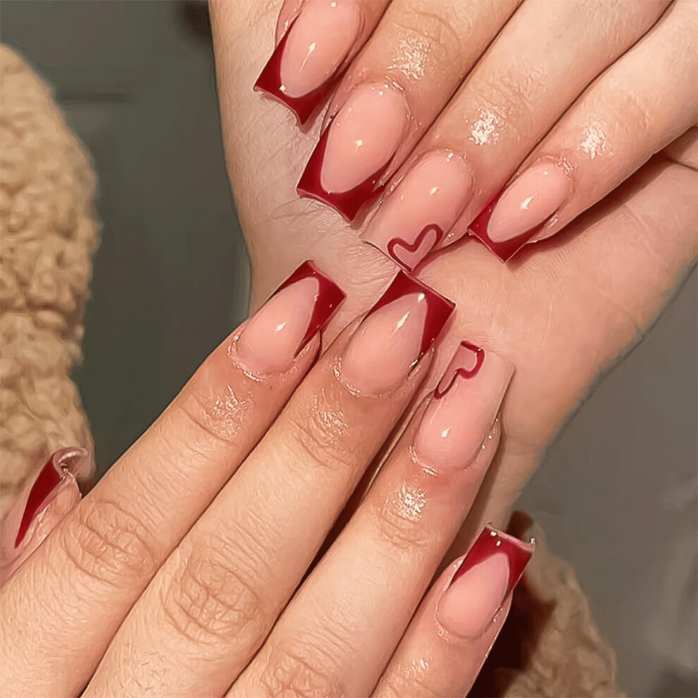 Valentine Red Heart Press On Nails Medium Square French Tip Fake Nails Set, Reusable Acrylic Nail Tips