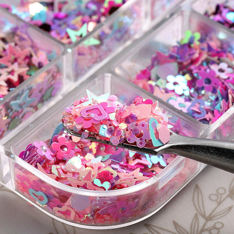 Holographic Nail Glitter Set Heart Star Flower Mixed Shape Sequins Flakes for Sparkling DIY Nail Art