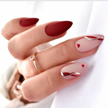 Red Heart Almond Press On Nails Set Medium Length Fake Acrylic Nails Valentine's Day Reusable Salon Quality