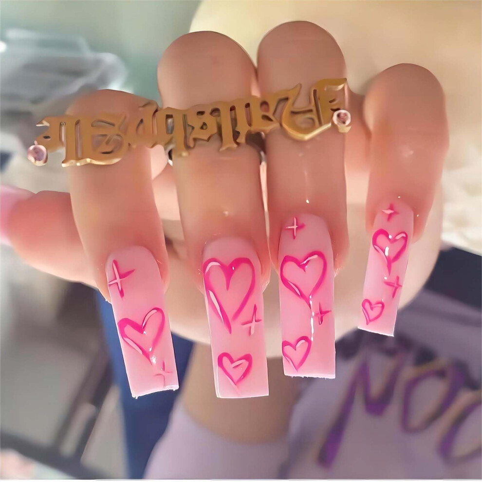Glossy Coffin Press On Nails with Red Heart Design, 24Pcs Fake Acrylic Nails Set for Valentine Salon Look