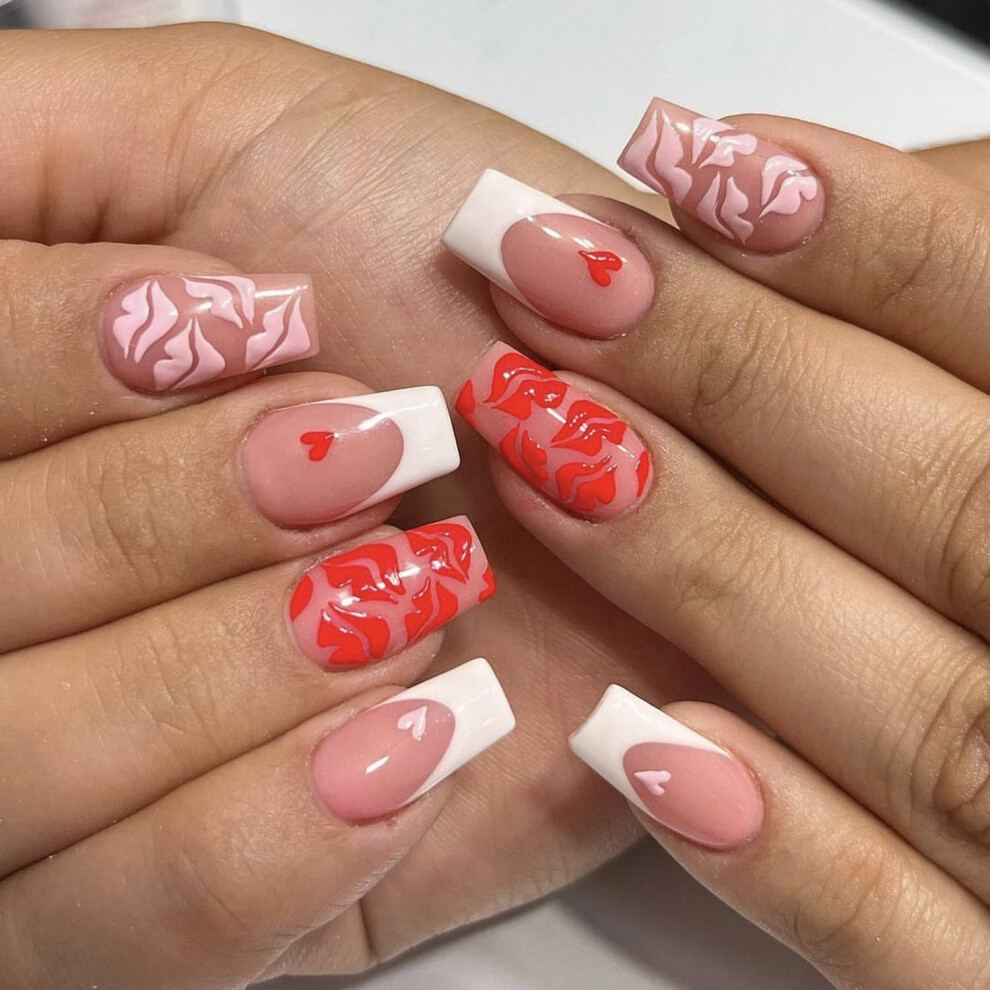 Valentine's Day Press on Nails Red Pink French Tip Fake Nails with Romantic Lip Design 24Pcs