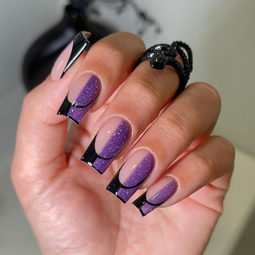 Purple French Tip Press On Nails Coffin Shape Acrylic False Nail Set Reusable 24Pcs Salon Finish