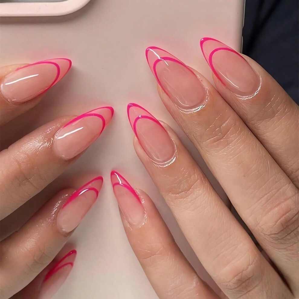 Medium Almond Press on Nails Set Pink French Tip Fake Nails LongLasting Gloss Finish SalonReady 24pcs
